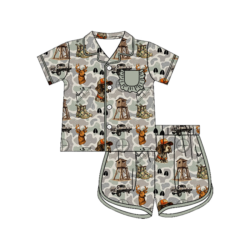 Preorder (moq 5)Baby Girls Southern Grey Camo Pocket Button Deer Dogs Top Short Hunting Pajamas Sets