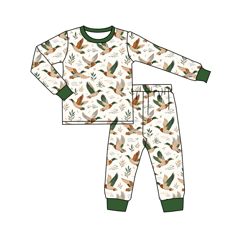 Preorder (moq 5) Baby Boy Clothes Cream Flying Mallard Duck Leaf Allover Print Long Sleeve Jogger Pajama Set