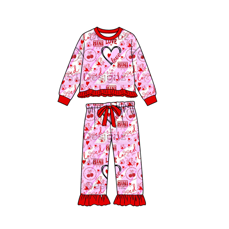 Pre-order(moq5) Girl Clothes Pink Heart Cherry Bow Valentines Print Ruffle Pajama Flare Pants Set
