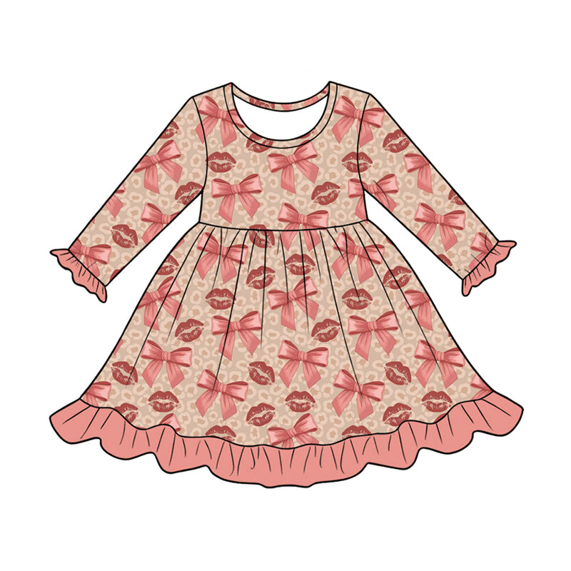 Preorder (moq 5)Baby Girls Pink Leopard Bows Mouths Ruffle Knee Length Dress