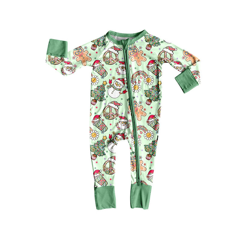 Preorder (moq 20)Baby Boys Bamboo Green Trees Snowmen Christmas Zippy Footie Rompers