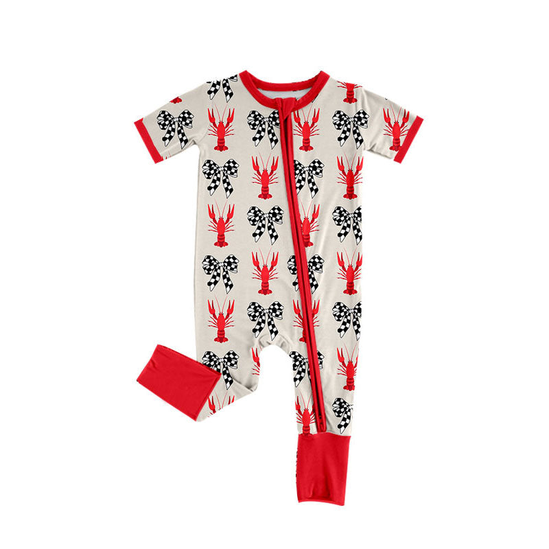 Preorder(moq 8)Baby Boys Black Checked Bows Crayfishes Zipper Footie Rompers