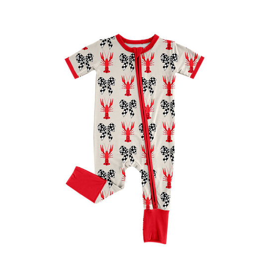Preorder(moq 8)Baby Boys Black Checked Bows Crayfishes Zipper Footie Rompers