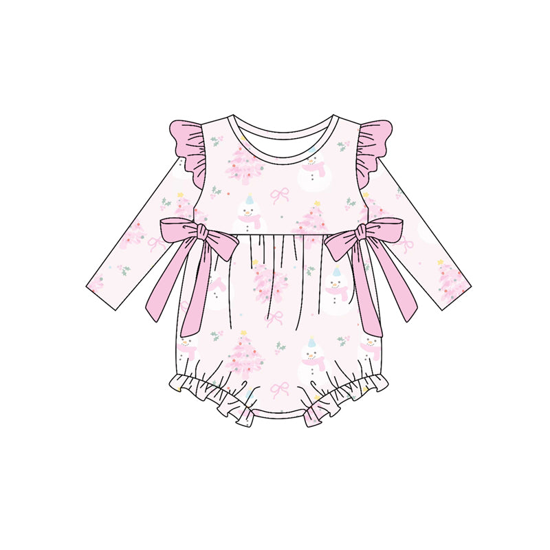 Preorder (moq 5)Baby Girls Long Sleeves Pink Bows Trees Ruffle Rompers