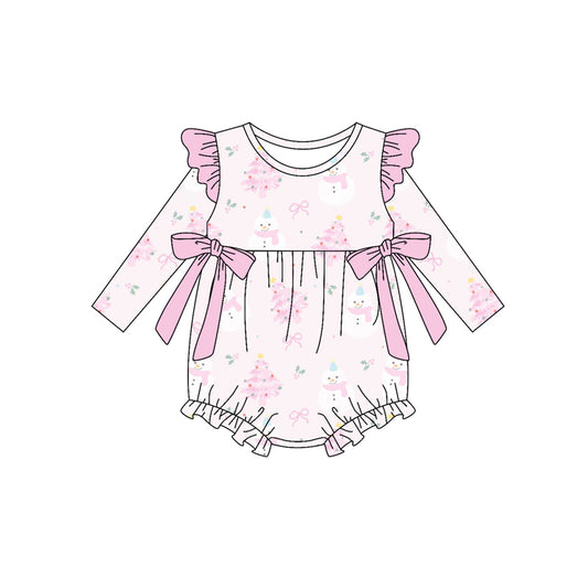 Preorder (moq 5)Baby Girls Long Sleeves Pink Bows Trees Ruffle Rompers
