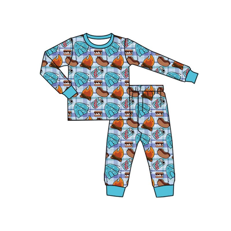 Preorder(moq 5) Baby Boys Long Sleeves Food Camping Plaid Top Pants Pajamas Set