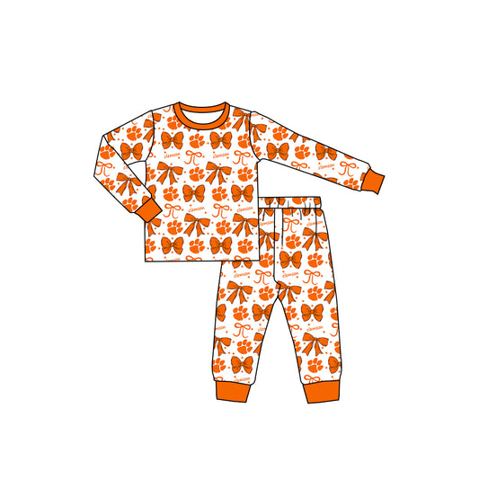Preorder (moq 5)Baby Girls Orange Clemson Team Bows Top Pants Pajamas Sets