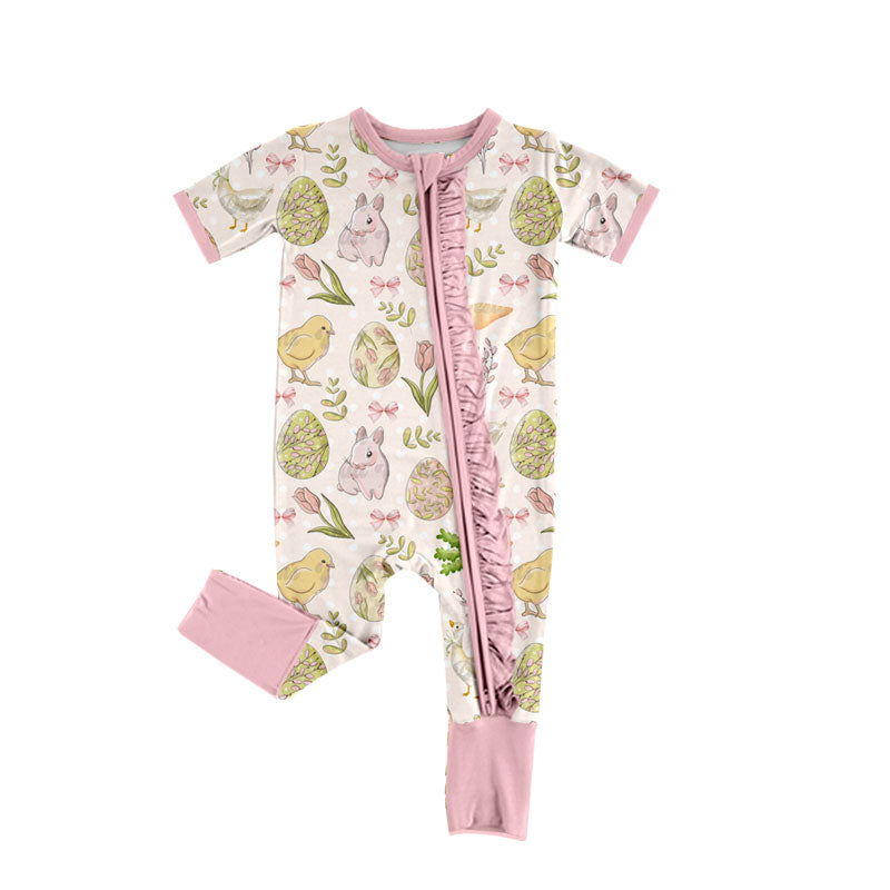 Preorder (moq 5) Baby Girls Chicks Rabbits Easter Two Way Ruffle Zip Convertible Rompers