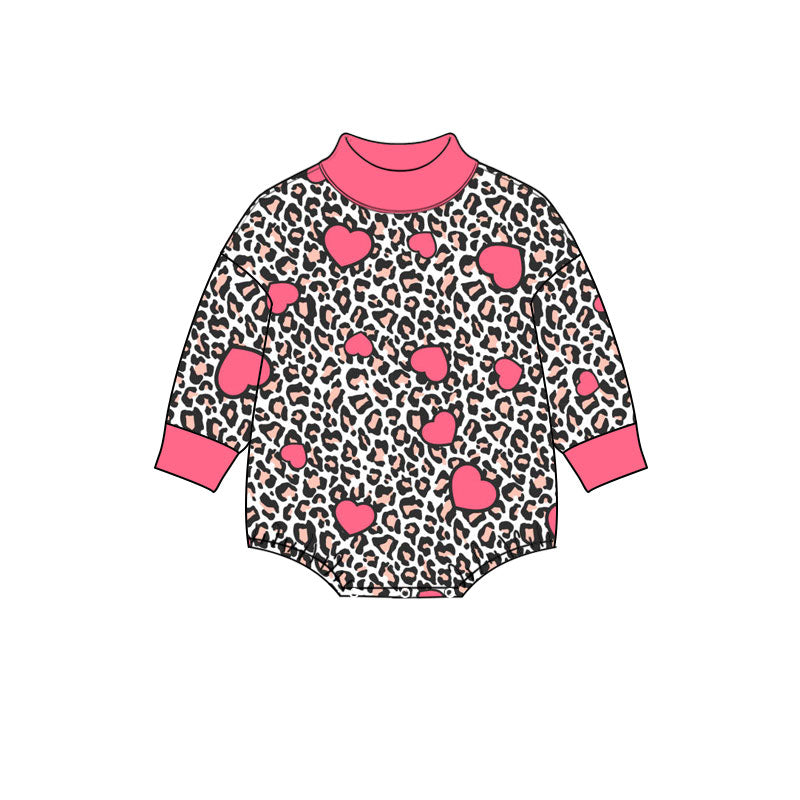 Preorder (moq 5) Baby Girl Clothes Valentine Classic Leopard Hot Pink Heart Print Long Sleeve Turtleneck Romper