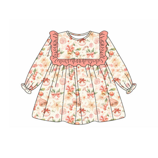 Preorder (moq 5)Baby Girls Long Ruffle Sleeves Flowers Pumpkins Knee Length Dresses