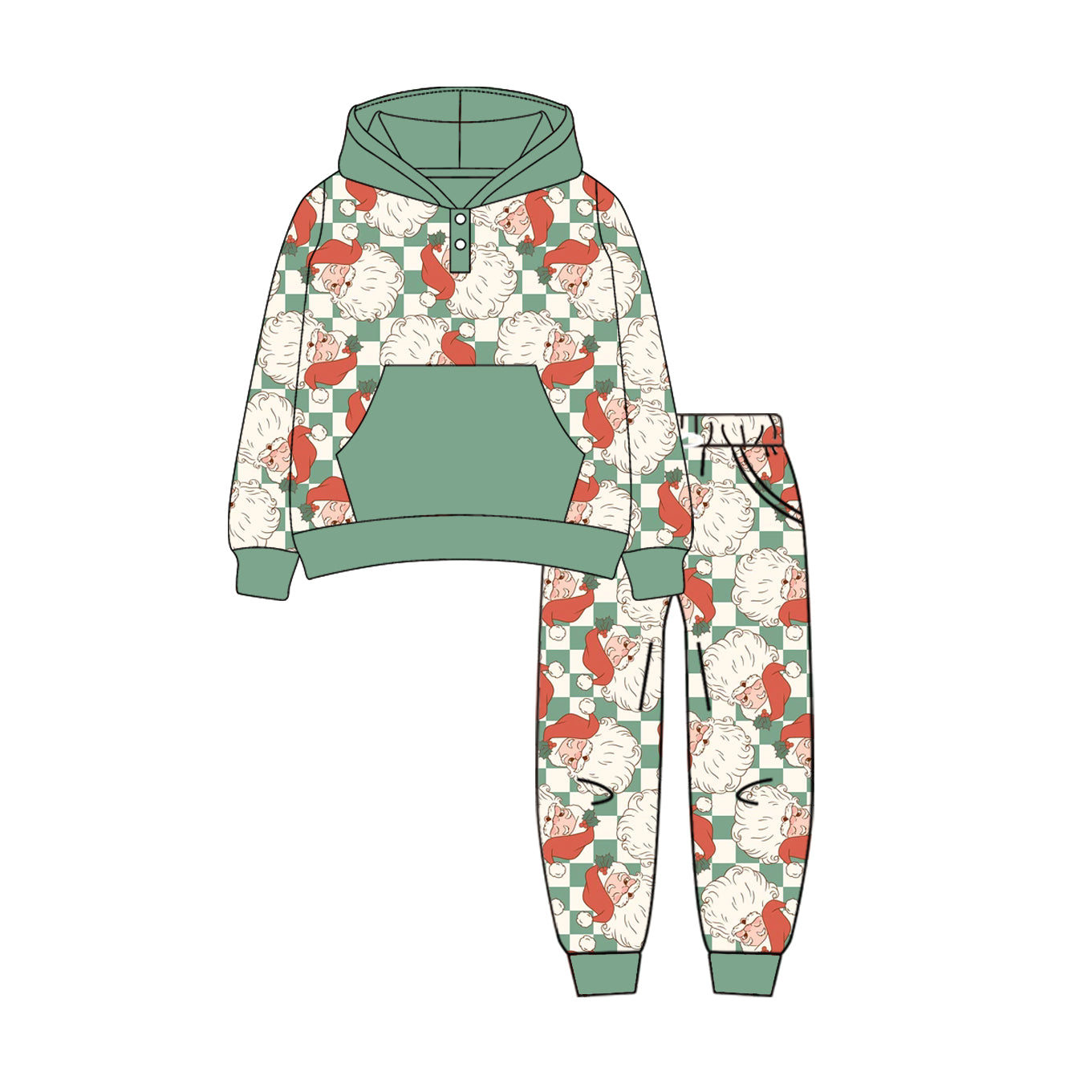 Preorder (moq 5)Baby Boys Long Sleeves Santa Green Plaid Pocket Button Hoodies Legging Pant Sets
