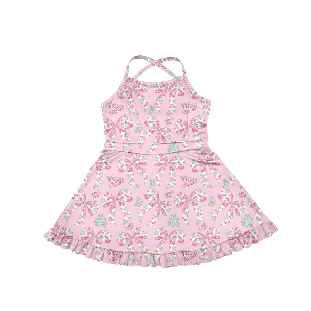 Preorder (moq 5)Baby Girls Pink Strap Flowers Bows Activity Wear Yoga Ruffle Knee Length Dresses