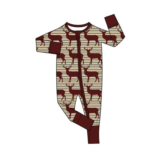Preorder (moq 5)Baby Boys Red Stripe Deer Christmas Two Way Zip Convertible Rompers