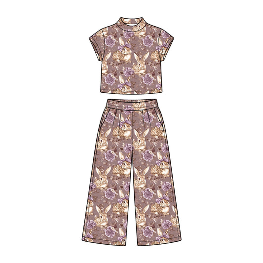 Preorder (moq 5) Baby Girl Clothes Vintage Purple Floral Bunny Print Short Sleeve Wide Leg Pant Set