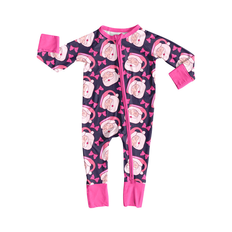 Preorder(moq 5)Baby Boys Pink Santa Bows Plaid Christmas Zipper Footie Rompers