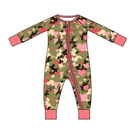 Preorder (moq 5) Baby Girl Clothes Green Camo Heart Mixed Print Long Sleeve Zipper Romper