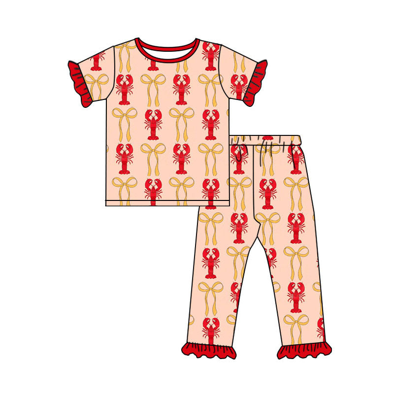Preorder(moq 8)Baby Girls Bows Crayfishes Plaid Top Ruffle Pant Pajamas Sets