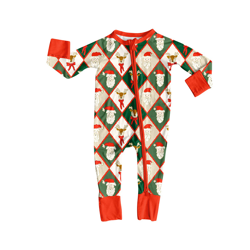 Preorder moq 5 Baby Infant Boys Long Sleeves Red Green Santa Deer Plaid Zipper Romper