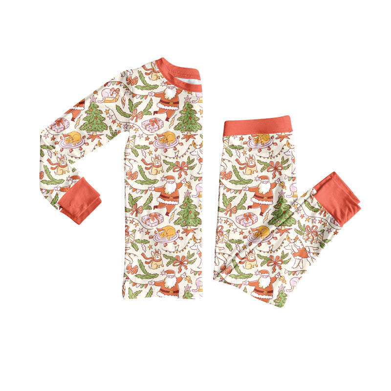 Preorder (moq 5)Baby Girls Long Sleeves Christmas Trees Santa Top Pant Pajamas Clothes Set