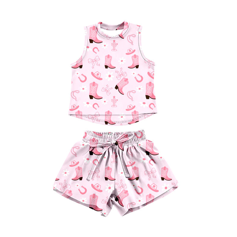 Preorder (moq 5)Baby Girls Pink Hats Boots Cactus Top Shorts Western Clothes Set
