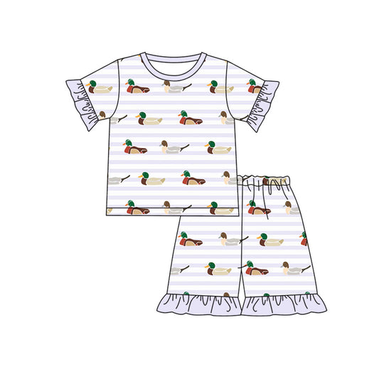 Preorder (moq 5)Baby Girls Ducks Lavender Shirt Ruffle Shorts Pajamas