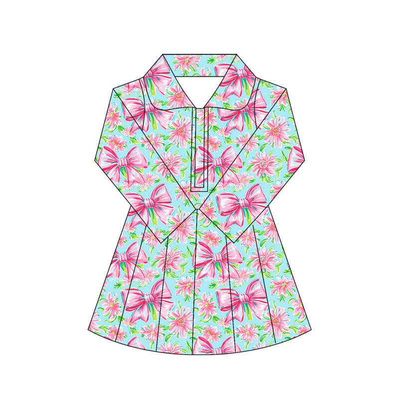 Preorder moq 10 Baby Girls Colorful Bows Floral Long Sleeves Zipper Activity Wear Yoga Knee Length Dresses