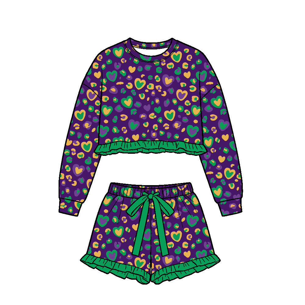 Preorder (moq5) Baby Girl Clothes Mardi Gras Heart Leopard Print Long Sleeve Ruffle Top Ruffle Shorts Set`  **前台优化标题**