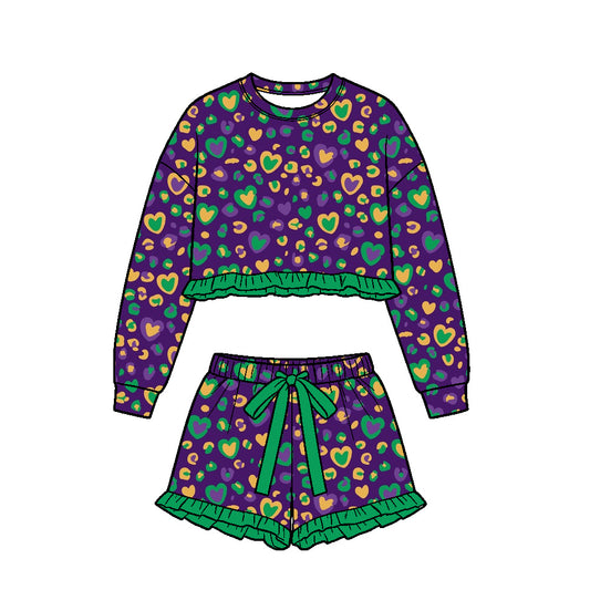 Preorder (moq5) Baby Girl Clothes Mardi Gras Heart Leopard Print Long Sleeve Ruffle Top Ruffle Shorts Set`  **前台优化标题**