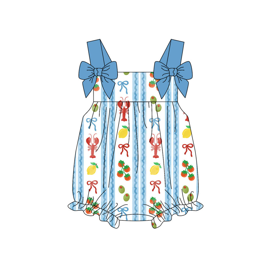 Preorder (moq 5)Baby Girls Strap Crayfishes Fruits Stripe Ruffle Rompers