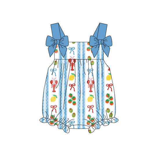 Preorder (moq 5)Baby Girls Strap Crayfishes Fruits Stripe Ruffle Rompers