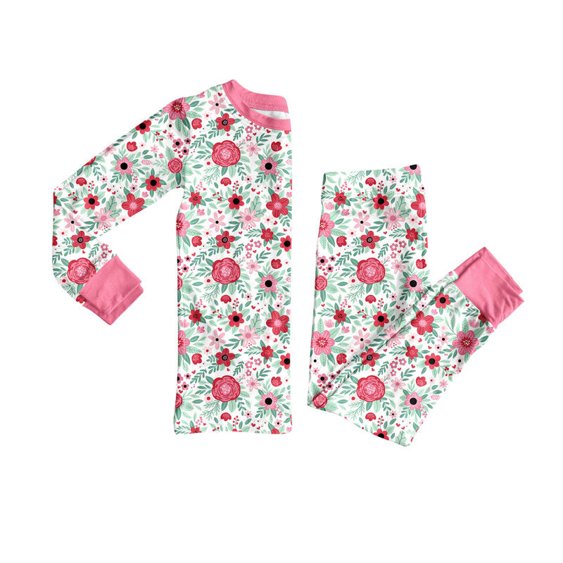 Preorder (moq 5)Baby Girls Long Sleeve Pink Flowers Bows Top Pant Pajamas Sets