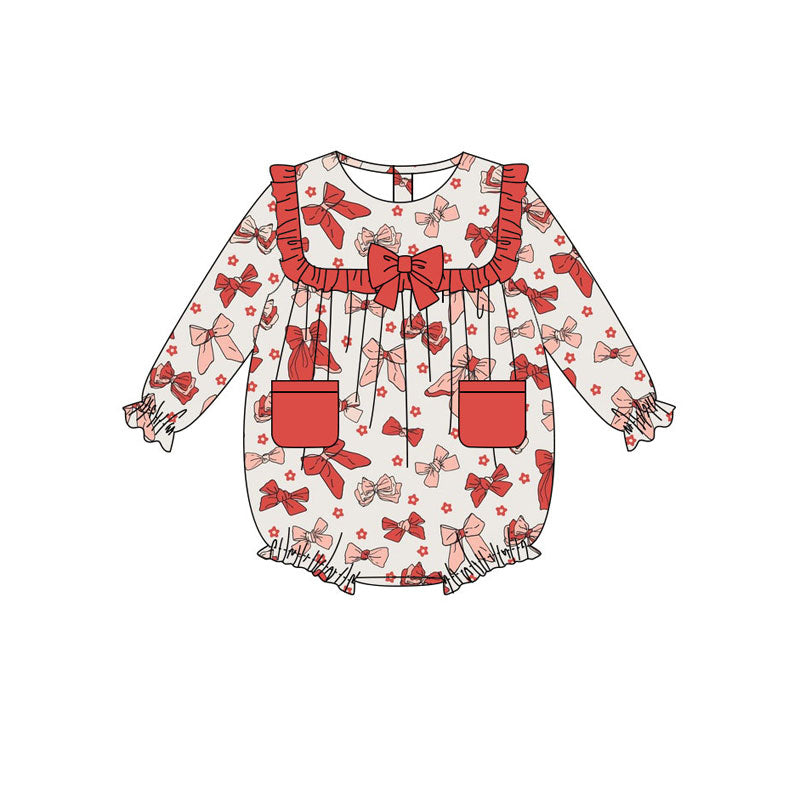 Preorder(moq 8)Baby Girls Red Flowers Bows Pockets Ruffle Sleeve Rompers
