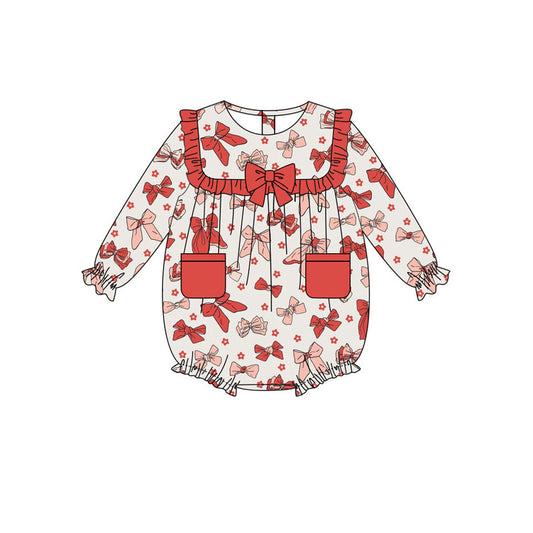 Preorder(moq 8)Baby Girls Red Flowers Bows Pockets Ruffle Sleeve Rompers