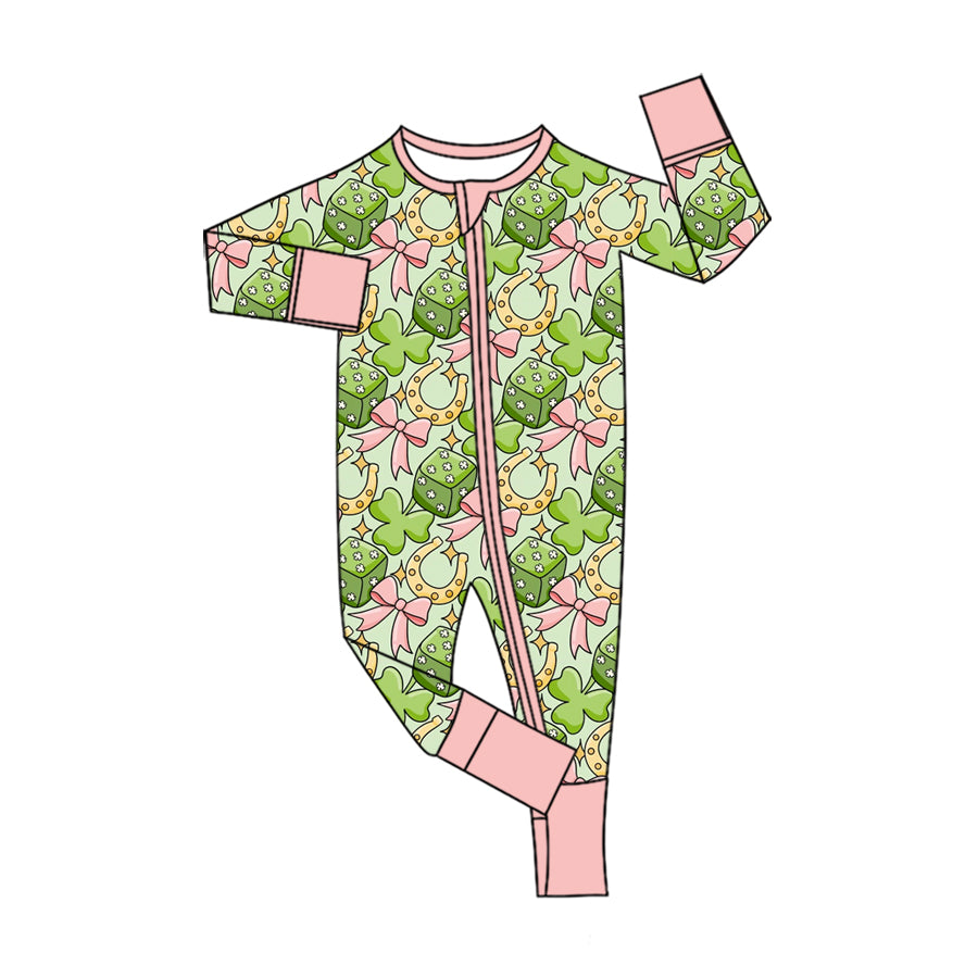 Pre-order(moq5)  Baby Girls’ Pink Round-Neck Zip-Up Long-Sleeve Bow Romper