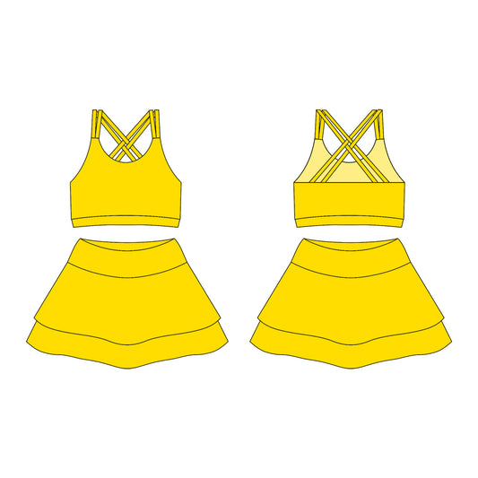 Preorder moq 10 Baby Girls Yellow Strap Activity Wear Vests Top Short Skirts Yoga Set