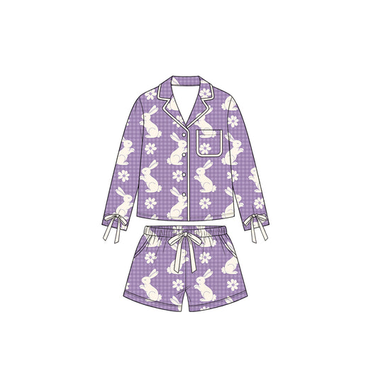 Preorder moq5 Womens'Purple & White Bunny Floral Bow Collared Long-Sleeve Pajama Top & Matching Elastic-Waist Shorts Set