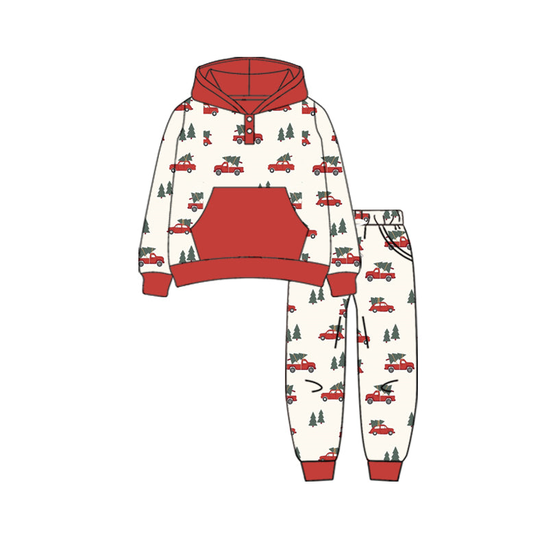 Preorder (moq 5)Baby Boys Long Sleeves Christmas Trees Trucks Pockets Hoodie Pant Clothes Set