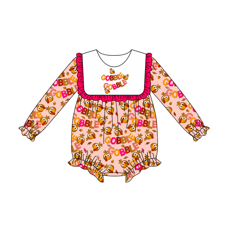 Preorder (moq 5)Baby Girls Long Sleeves Turkey Leaves Plaid Gobble Ruffle Romper