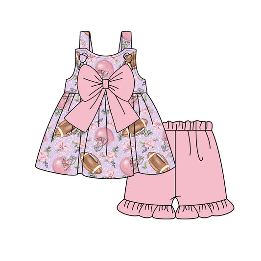 Preorder (moq 5)Baby Girls Football Bows Tunic Top Ruffle Shorts Clothes Sets