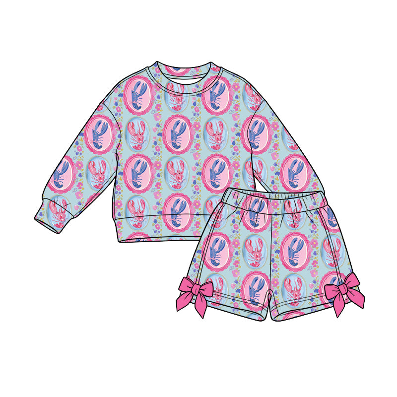 Preorder (moq 5) Baby Girl Clothes Cameo Lobster Floral Mixed Print Long Sleeve Sweatshirt Bow Short Set