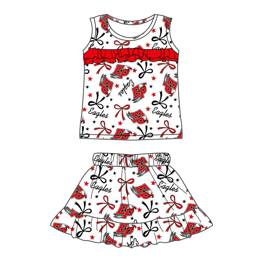 Preorder (moq 5)Baby Girls Sleeveless Red EP Stars Bows Top Ruffle Skorts Team Set