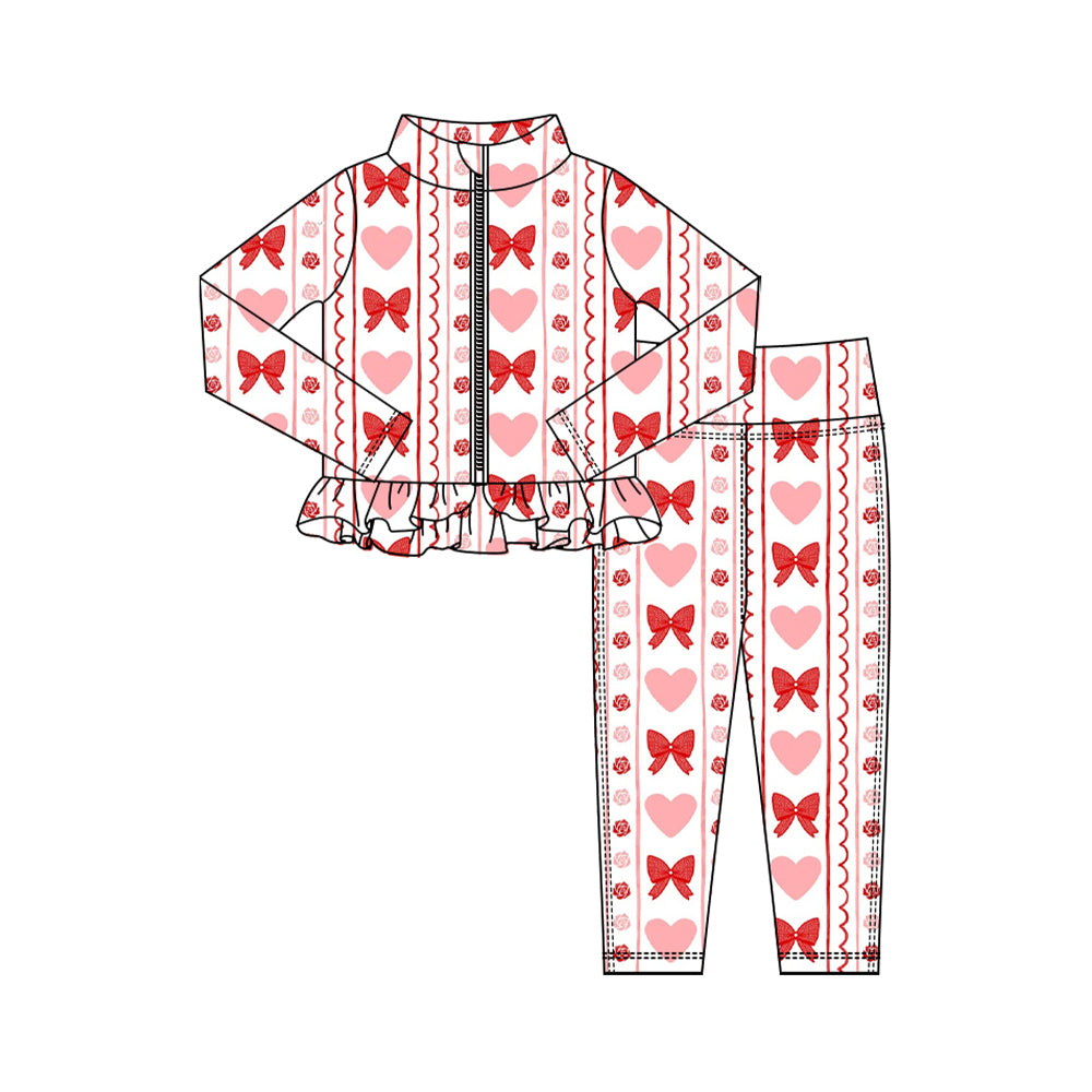Preorder (moq 5) Baby Girl Clothes Valentines Stripe Heart Bow Rose Print Zip Up Ruffle Top Legging Set