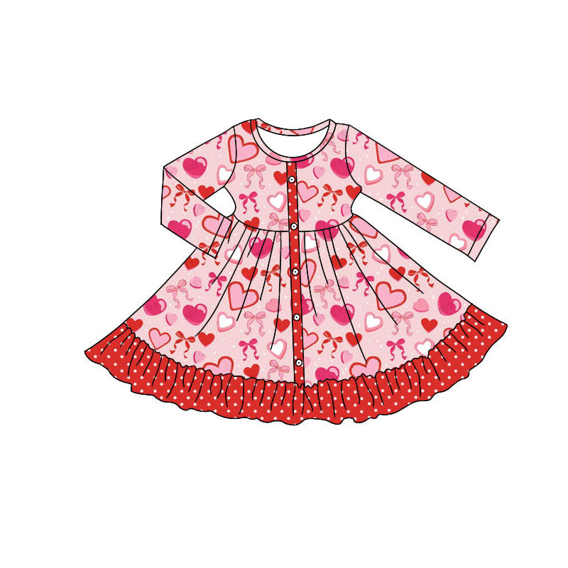 Preorder (moq 5)Baby Girls Red Hearts Bows Button Valentine Ruffle Knee Length Dresses
