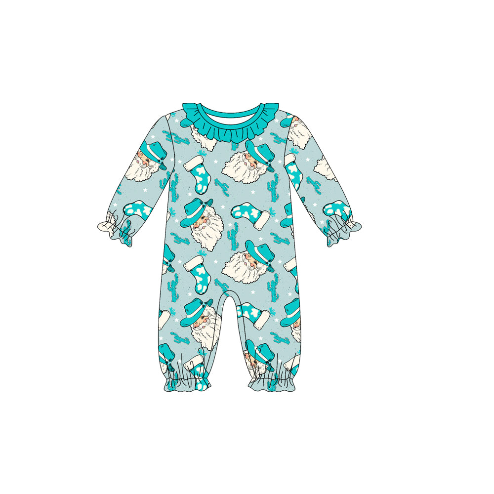 Preorder (moq 5)Baby Girls Long Sleeves Lake Blue Santa Cactus Ruffle Pant Romper