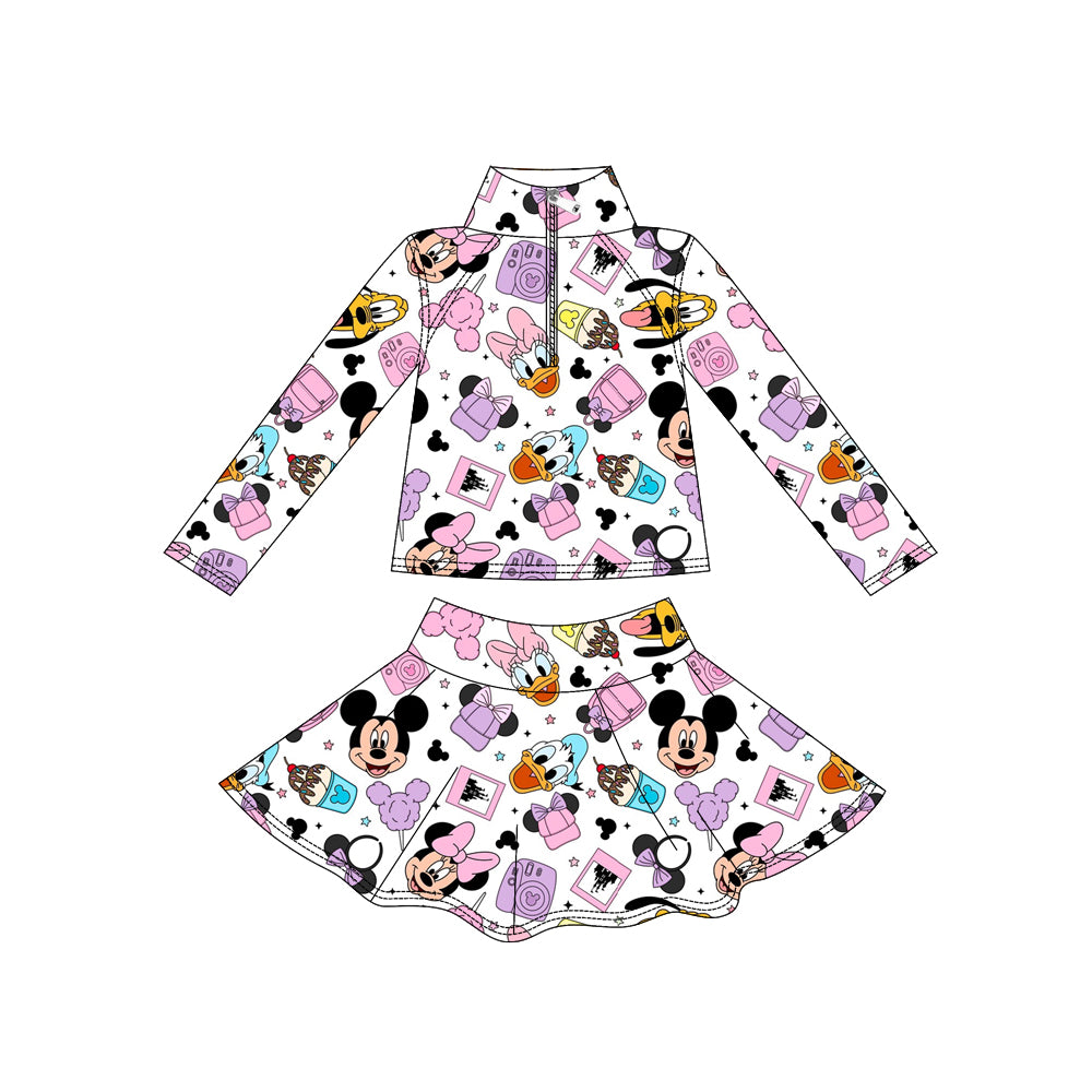 Preorder (moq 5)Baby Girls Long Sleeve Cartoon Purple Zip Pullover Skorts Yoga Clothes Sets