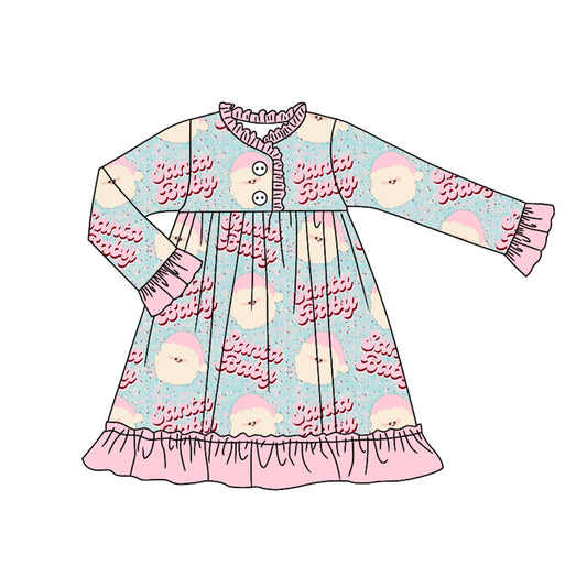 Preorder (moq 5)Baby Girls Long Ruffle Sleeves Pink Santa Babe Button Knee Length Dress