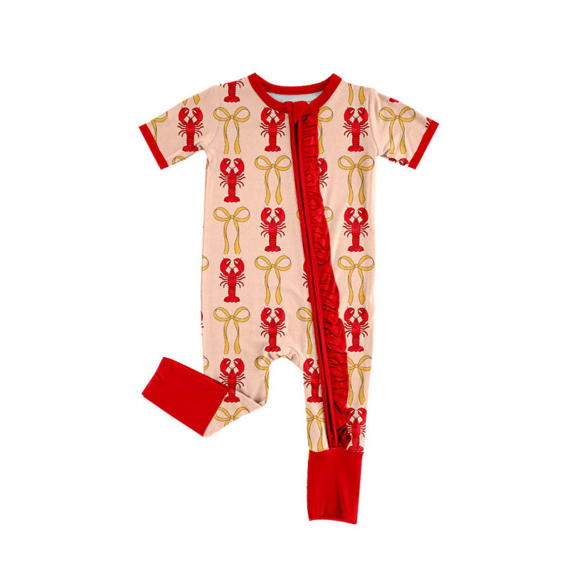 Preorder(moq 8)Baby Girls Bows Crayfishes Plaid Ruffle Zipper Footie Rompers