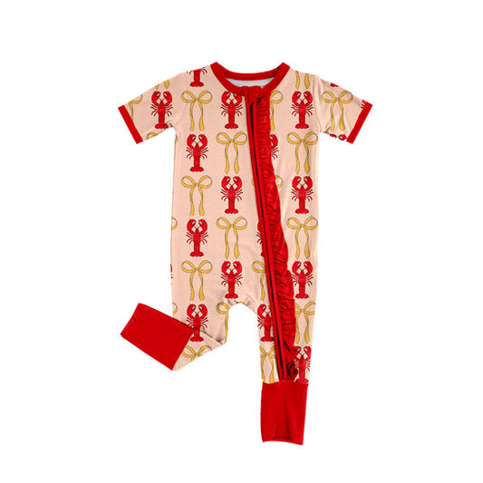 Preorder(moq 8)Baby Girls Bows Crayfishes Plaid Ruffle Zipper Footie Rompers