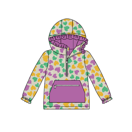 Preorder(moq 8)Baby Girls Mardigras Hearts Pocket Zipper Ruffle Hoodies Top