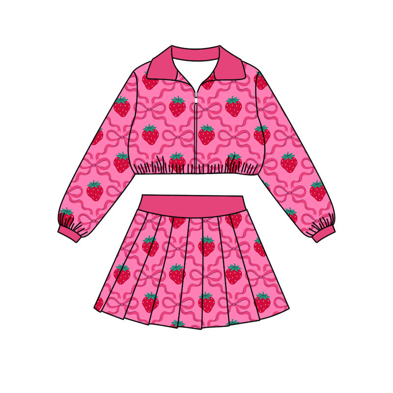 Preorder (moq 5)Baby Girls Bows Strawberry Zip Jackets Skirt Shorts Team Clothes Set